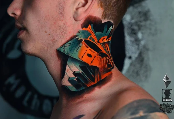 Abstract Musical instruments, Geometric shapes tattoo on Neck