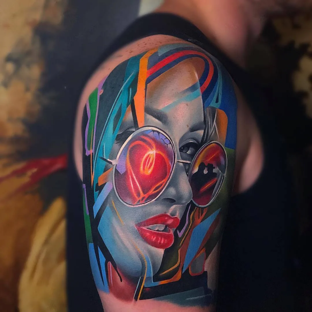 Tattoo artist Igor Mitrenga, authors color relistic portrait tattoo in graffiti design | Prague, Czech