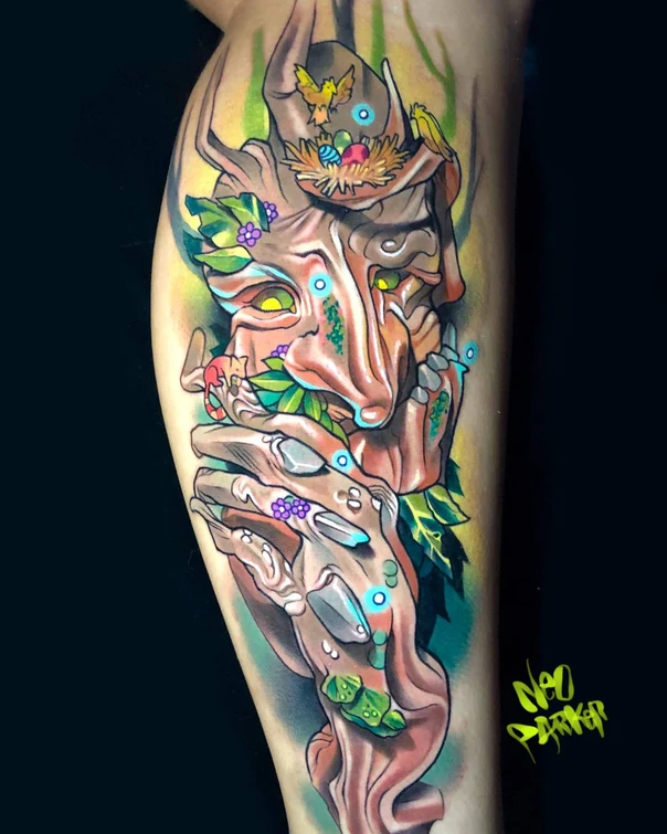 Illustrative Face, Tree tattoo on Calf