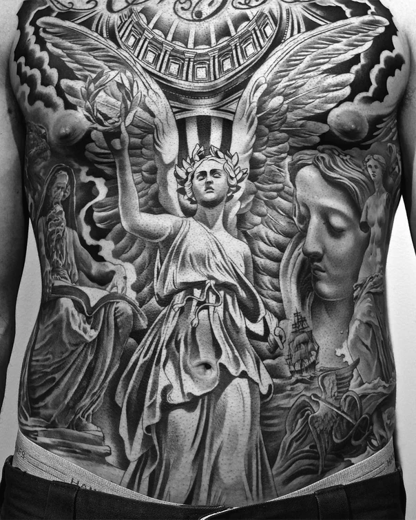 Realism Angel, Statue tattoo on Stomach