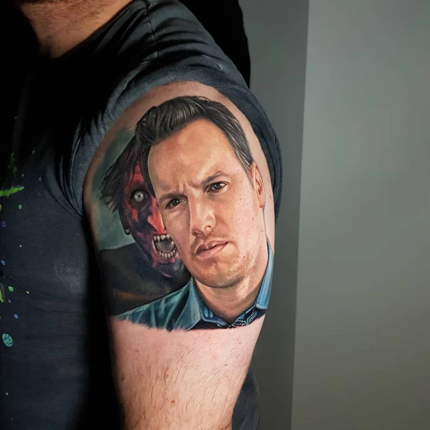 Realism Portrait, Horror tattoo on Upper Arm