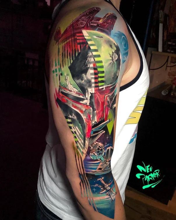 Watercolor Star wars, Boba fett tattoo on Full Sleeve