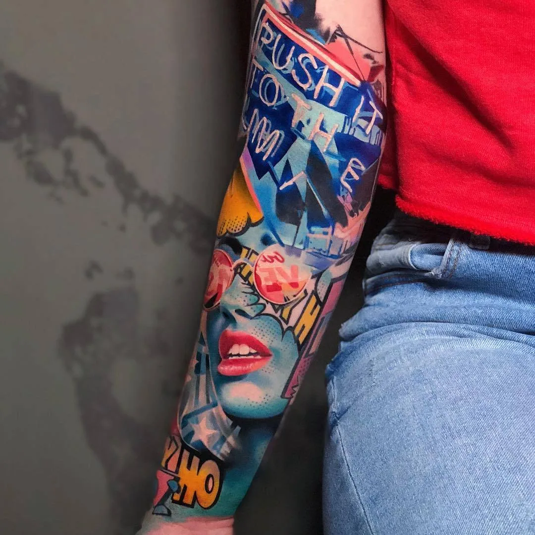 Tattoo artist Igor Mitrenga, authors color relistic portrait tattoo in graffiti design | Prague, Czech