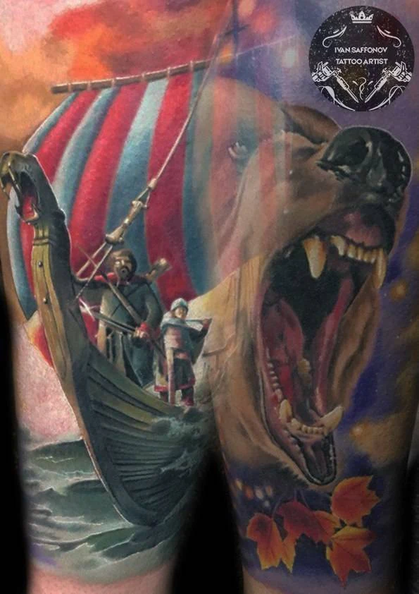 Реализм Bear, Boat tattoo на Thigh