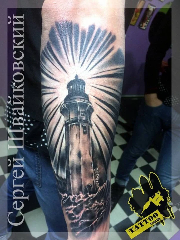 Black & Grey Lighthouse tattoo on Forearm