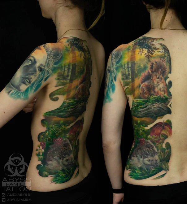 Реализм Squirrel, Hedgehog tattoo на Спина (полная)