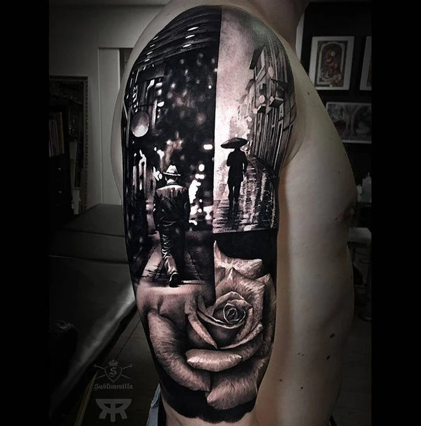 Realism Rose, Cityscape tattoo on Full Sleeve