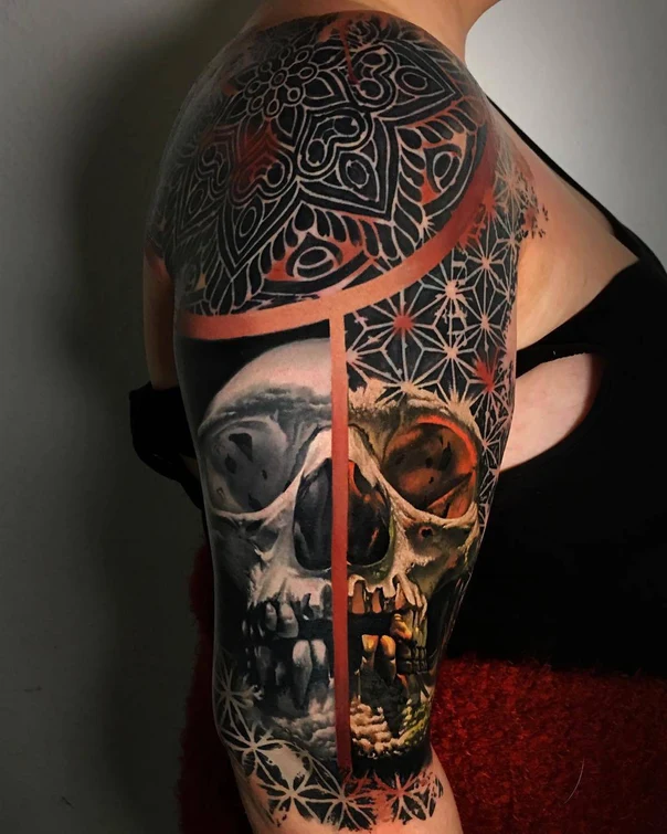 Realism Skull, Mandala tattoo on Full Sleeve