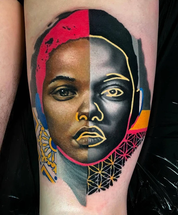 Realism Portrait, Geometric tattoo on Thigh