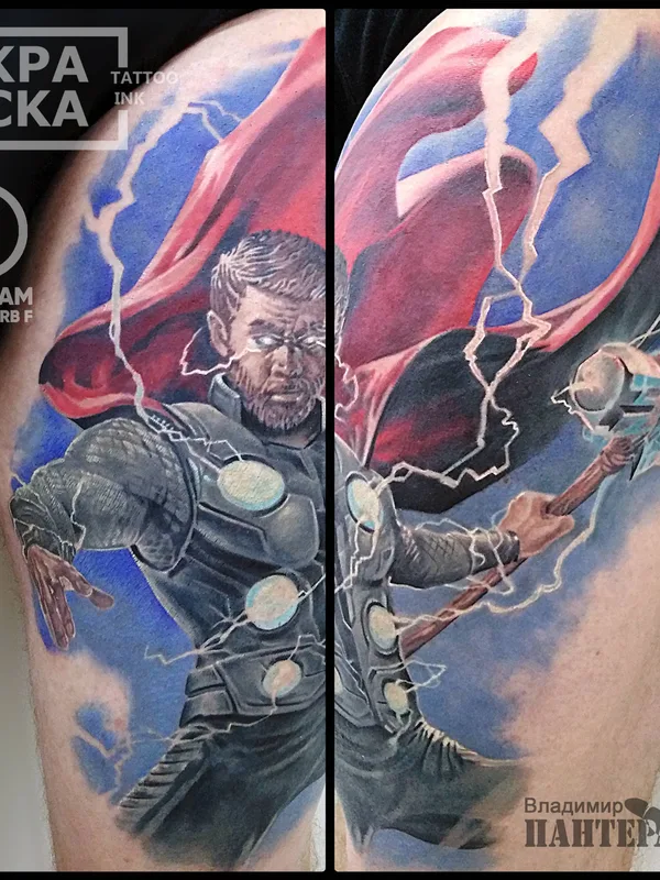 color realism 纹身 在 thigh #32566 | 纹身师 Владимир ПАНТЕРА Королев