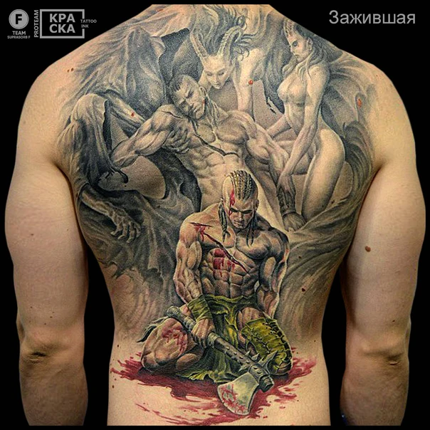 Реализм Demon, Warrior tattoo на Спина (полная)
