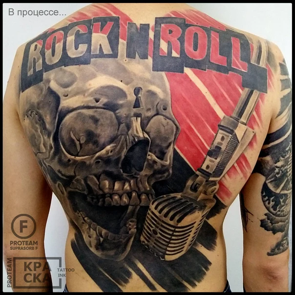 Реализм Skull, Microphone tattoo на Спина (полная)