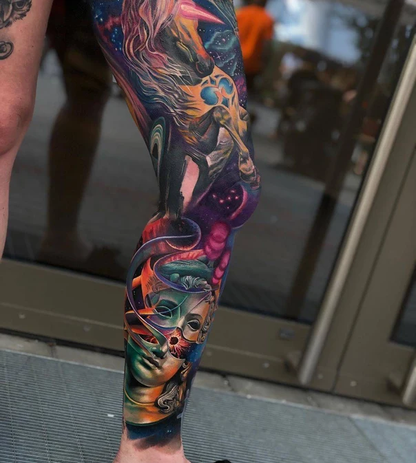 Realism Horse, Face tattoo on Full leg