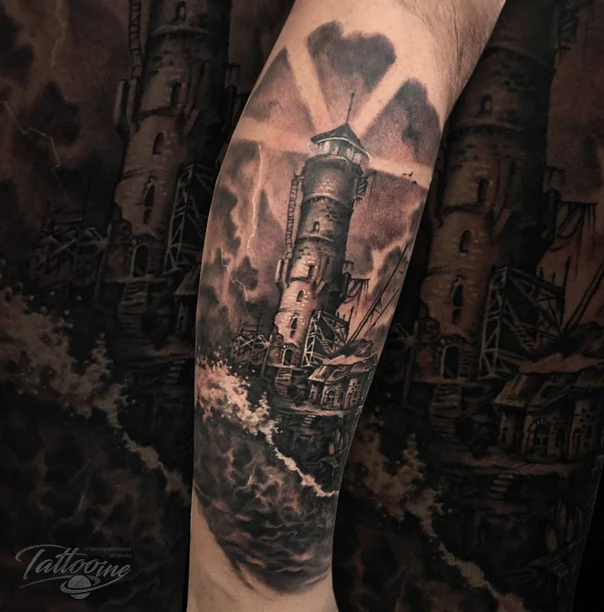 Чёрно-серая Lighthouse, Storm tattoo на Предплечье