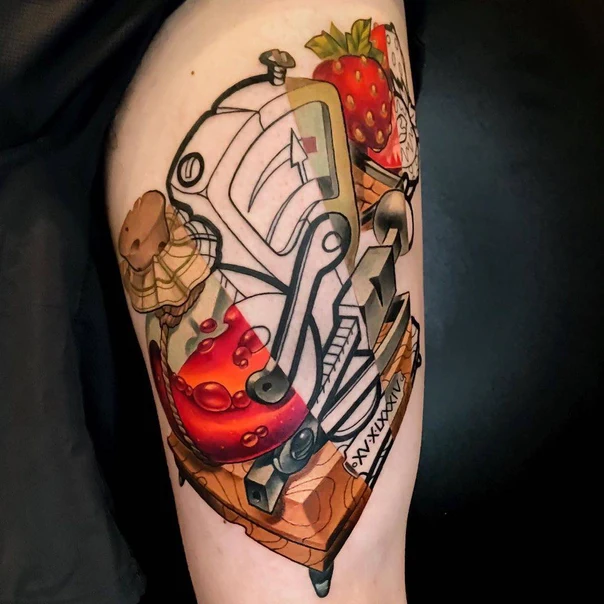 Illustrative Strawberry, Abstract tattoo on Thigh