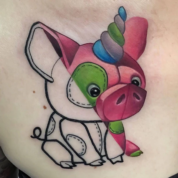 Cartoon Pig, Unicorn tattoo on Shoulder Blade