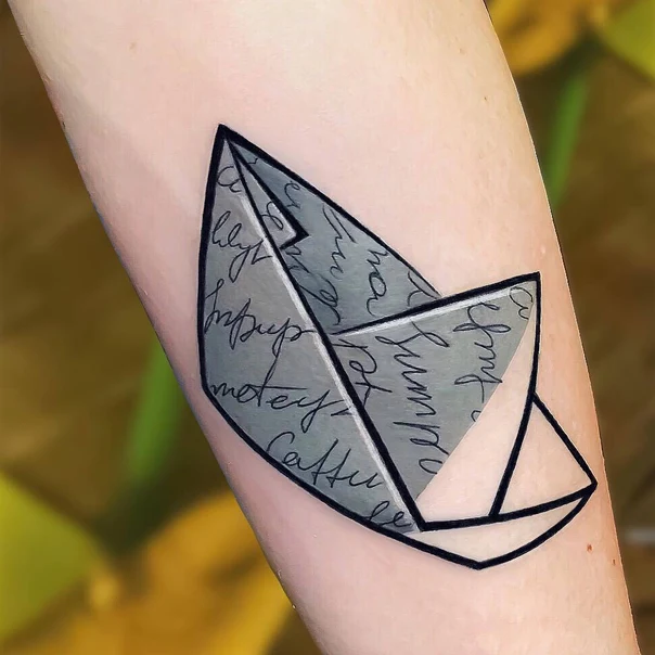 Linework Paper boat, Lettering tattoo on Forearm