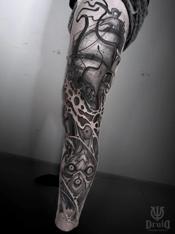 black and grey black and grey татуировка на full leg #37296 | Тату мастер Дмитрий UGLΨX Жернова