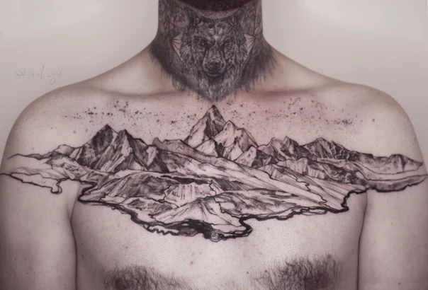 Скетч / Набросочная Wolf, Mountains tattoo на Грудь