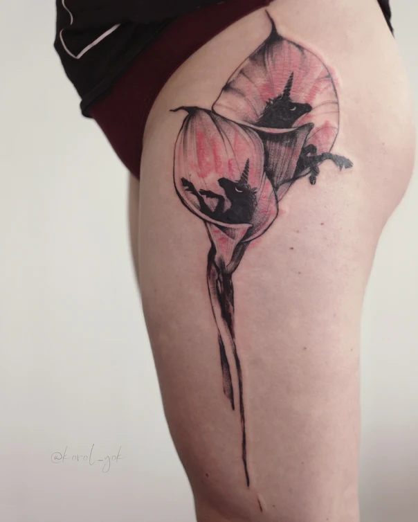 Sketch Unicorn, Flower tattoo on Thigh