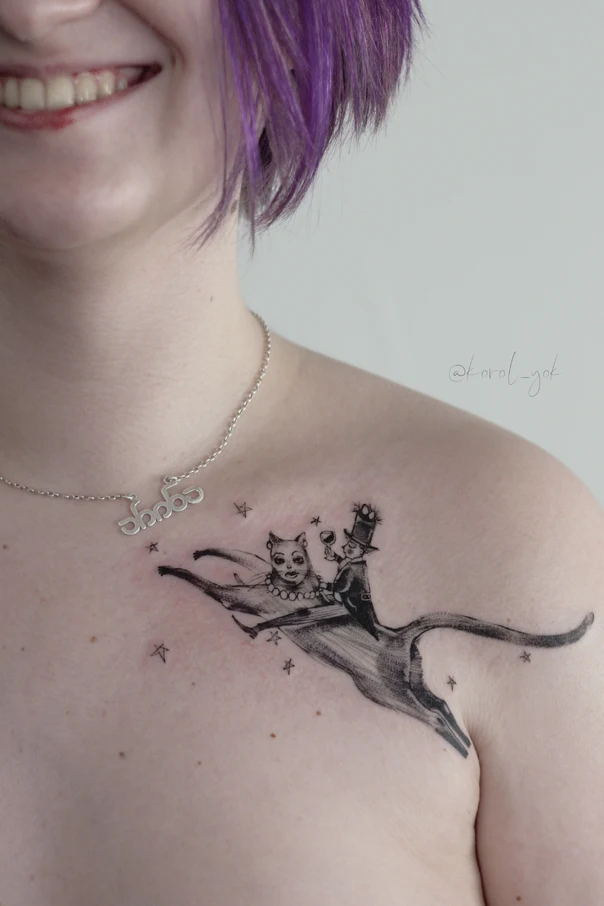 Иллюстративная Cat, Stars tattoo на Грудь