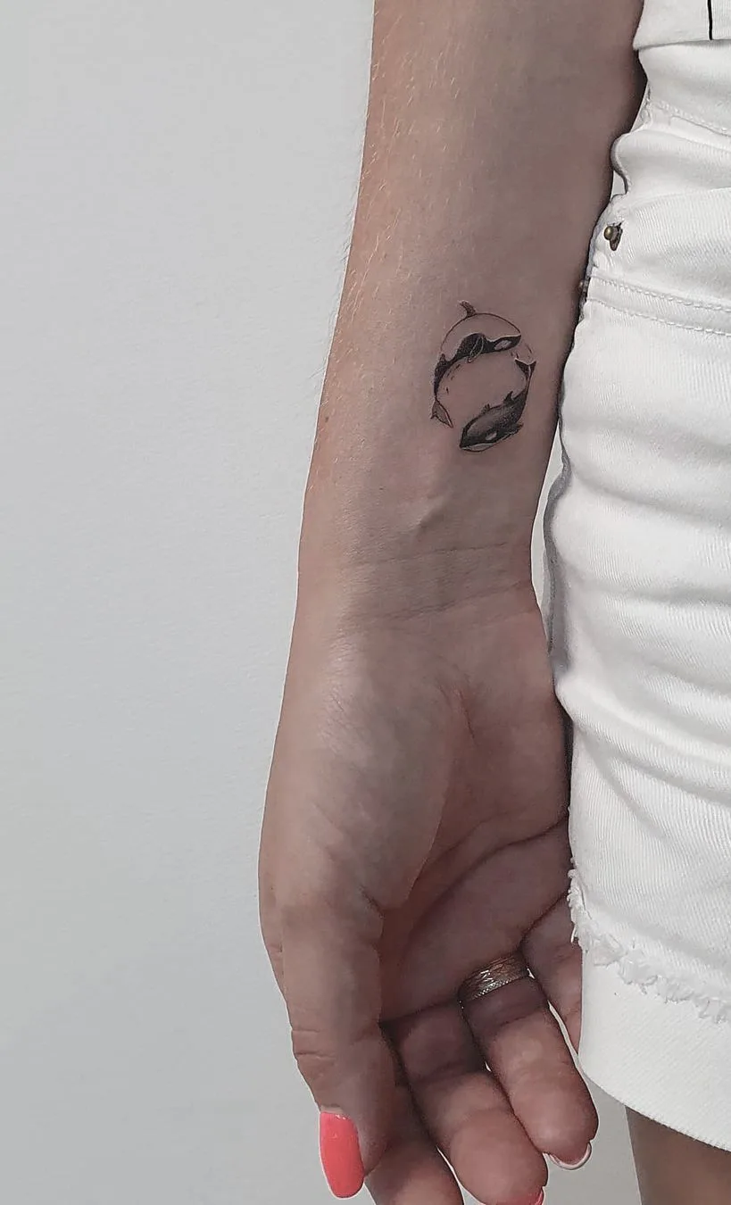 A small fine-line blackwork tattoo of two dolphins swimming nose to tail in a circular composition.