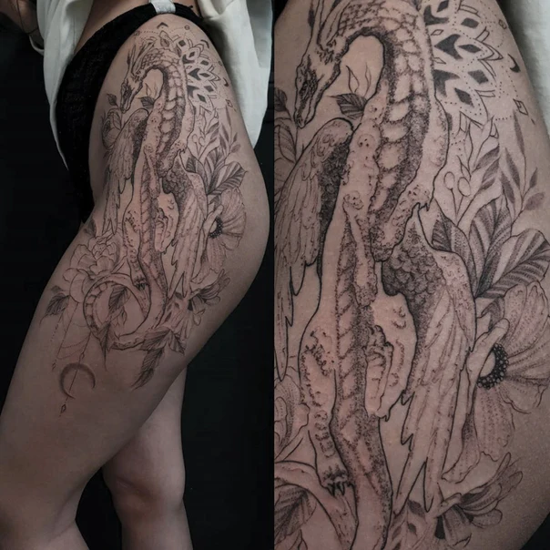 Скетч / Набросочная Dragon, Flowers tattoo на Thigh
