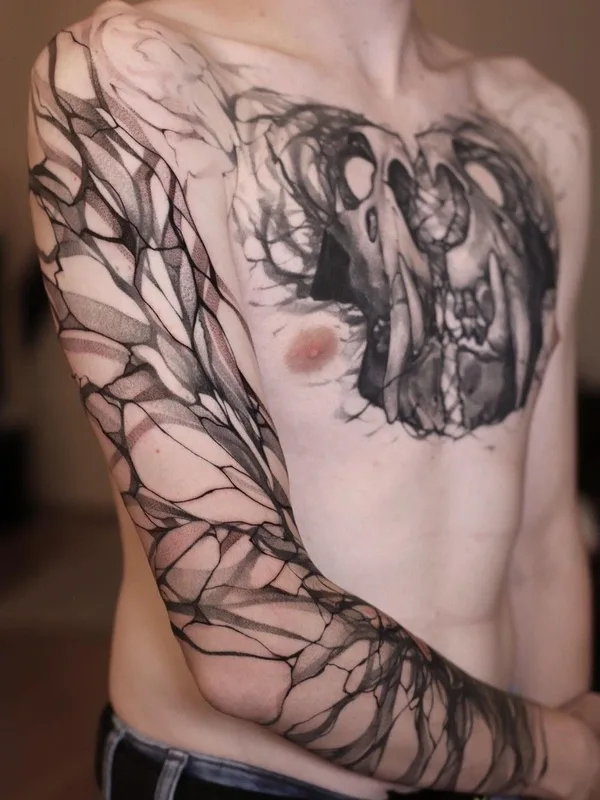 male black and grey abstract татуировка на full sleeve #37442 | Тату мастер Константин Строкин