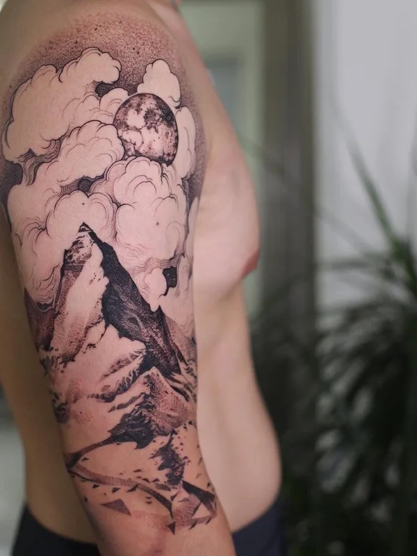 male black and grey blackwork татуировка на full sleeve #37438 | Тату мастер Константин Строкин