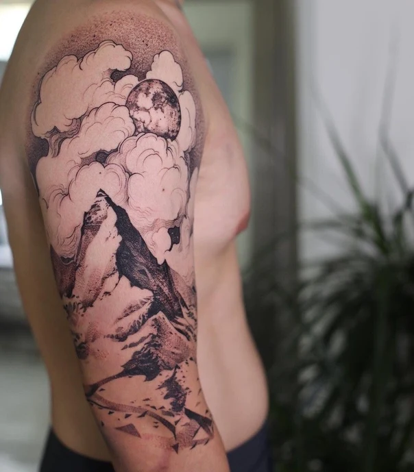 Blackwork Mountain, Moon tattoo on Full Sleeve