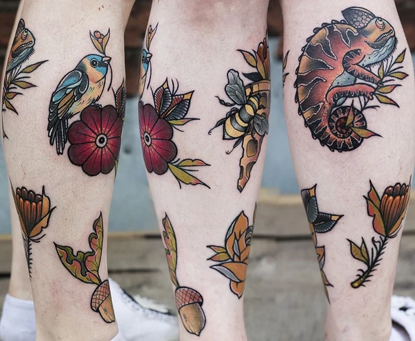 Традиционная Bird, Flower tattoo на Икра