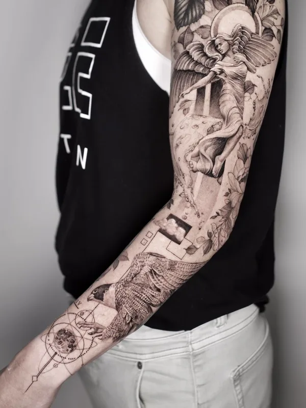 black and grey black and grey 纹身 在 full sleeve #37578 | 纹身师 Maxime Etienne