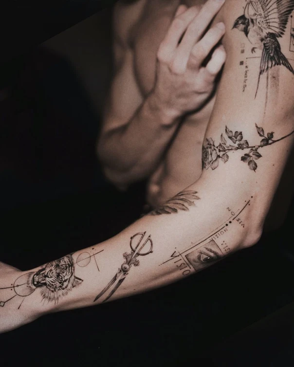 Sketch Tiger, Rose tattoo on Forearm