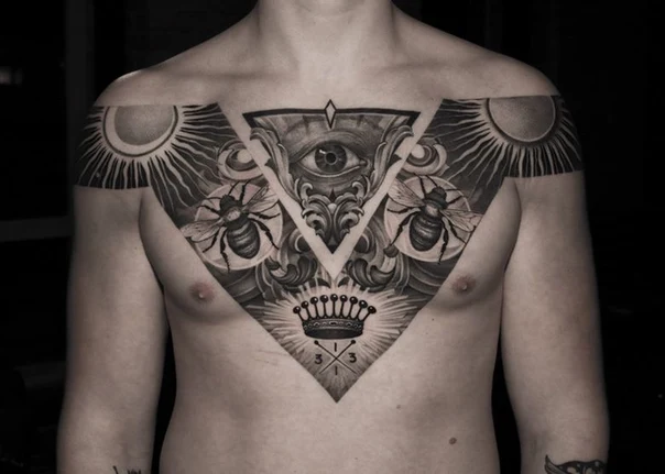Black & Grey Eye, Bee tattoo on Chest