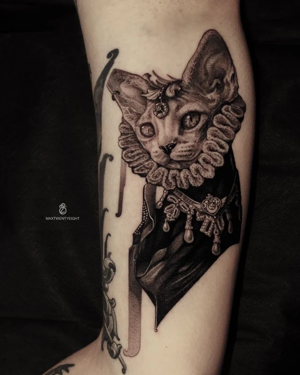 Black & Grey Cat, Portrait tattoo on Forearm