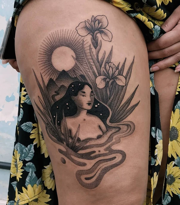 Illustrative Woman, Flowers tattoo on Thigh