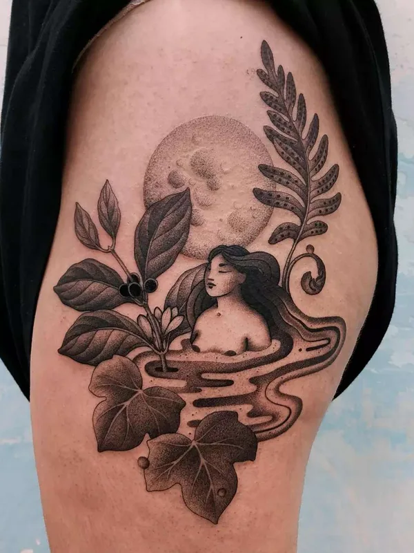 female black and grey blackwork 타투 부위 thigh #42256 | 타투이스트 Yara Floresta