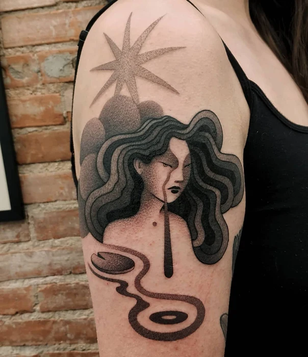 Illustrative Woman, Star tattoo on Upper Arm