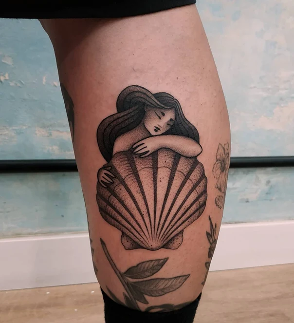 Blackwork Mermaid, Shell tattoo on Calf
