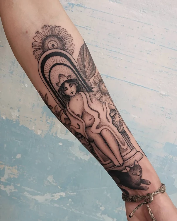 Blackwork Woman, Cat tattoo on Forearm
