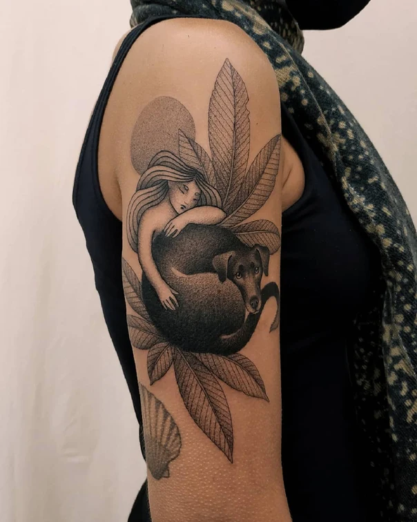 Illustrative Dog, Woman tattoo on Upper Arm