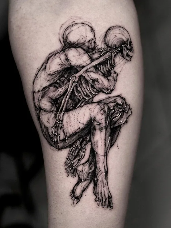 black and grey sketch tattoo auf thigh #42298 | Tätowierer BK