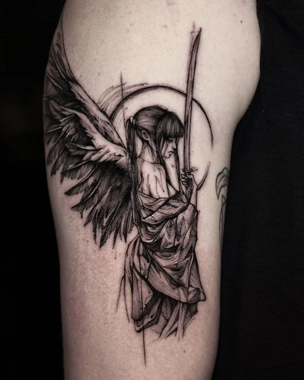 Sketch Angel, Sword tattoo on Thigh