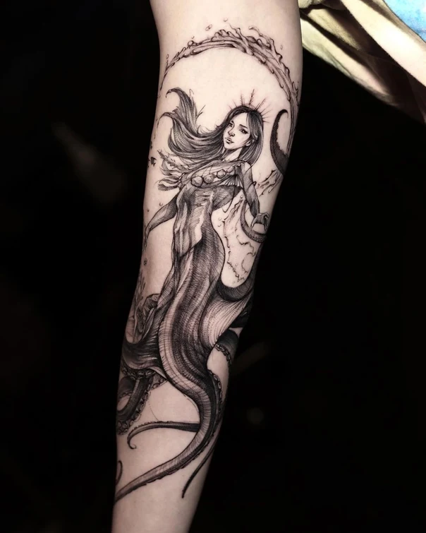 Illustrative Mermaid, Octopus tattoo on Forearm