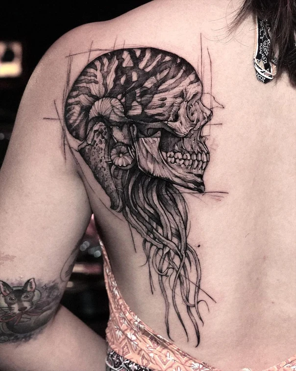 Sketch Skull, Floral tattoo on Shoulder Blade