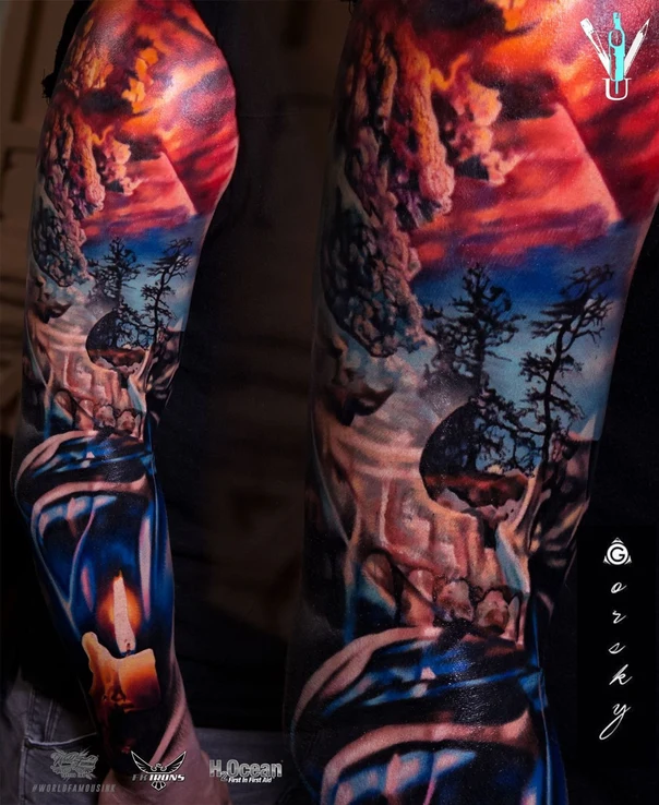 Realism Landscape, Candle tattoo on Full Sleeve