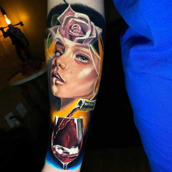 Realism Portrait, Rose tattoo on Forearm