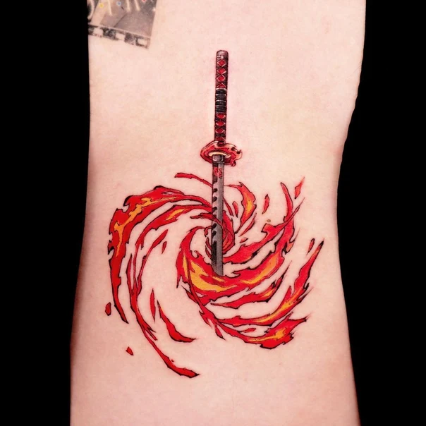 Anime Sword, Fire tattoo on Forearm