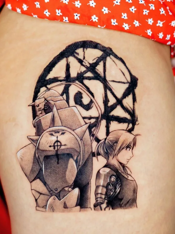 black and grey anime tattoo auf thigh #42389 | Tätowierer Doggiett