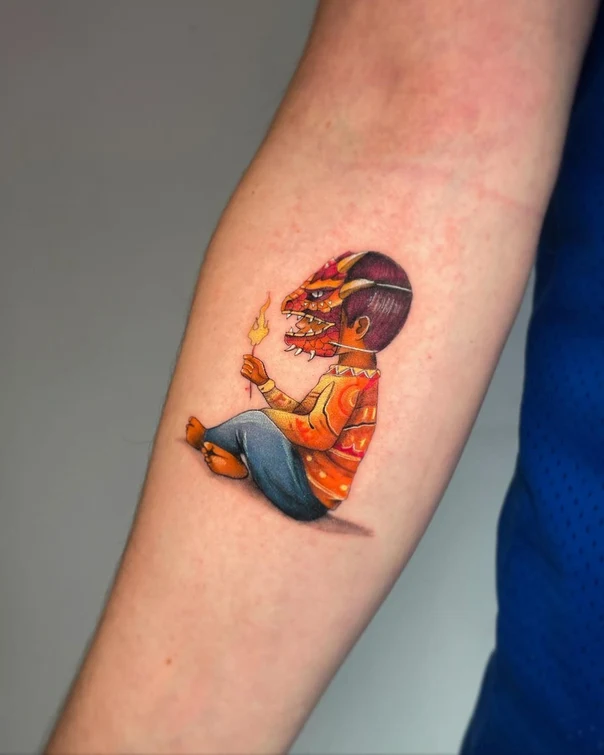 Illustrative Child, Mask tattoo on Forearm